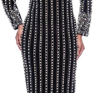 Chic Black Pearl-Embellished Long Sleeve Dress